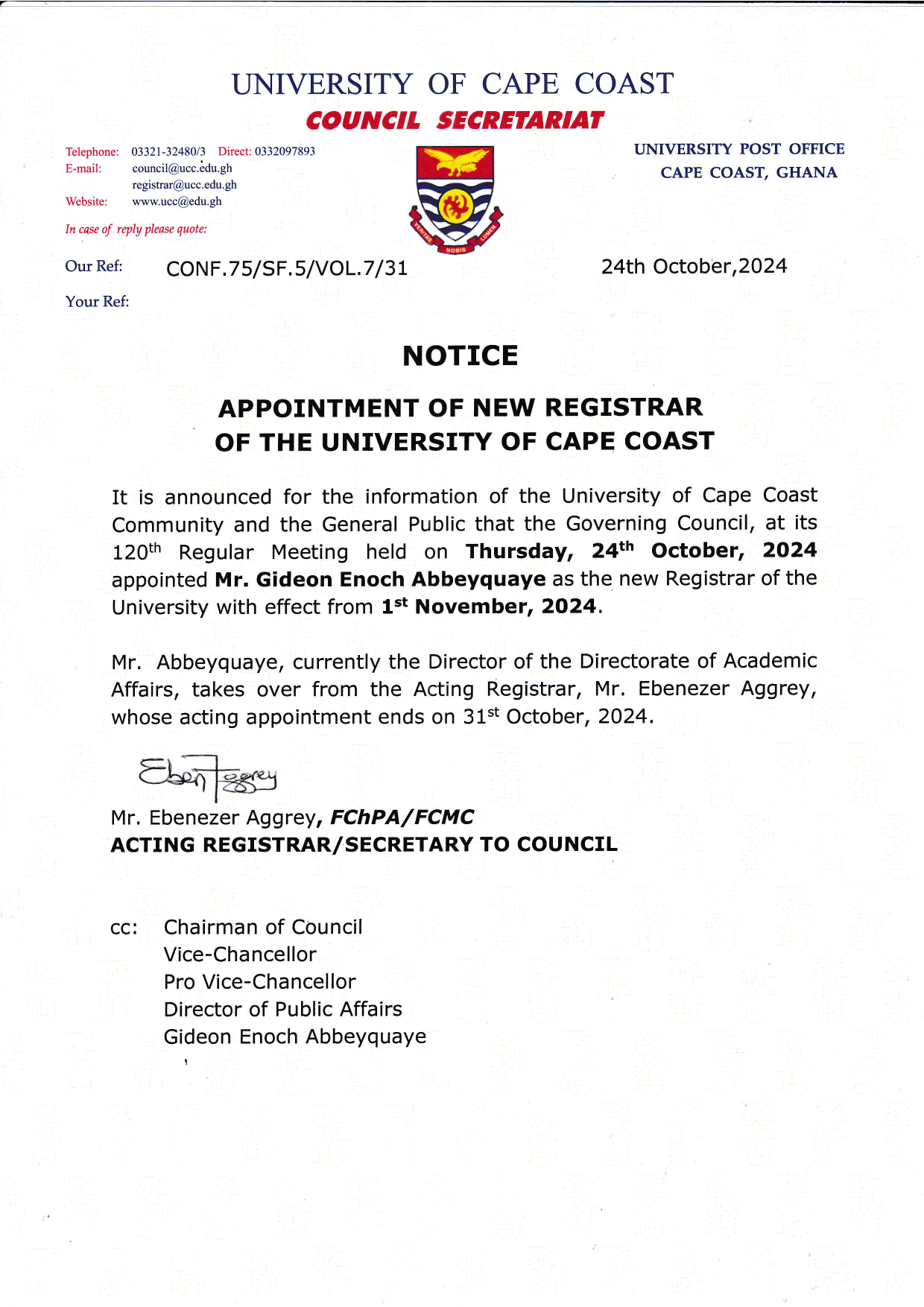 NOTICE OF APPOINTMENT OF NEW REGISTRAR FOR UNIVERSITY OF CAPE COAST ANNOUNCEMENT