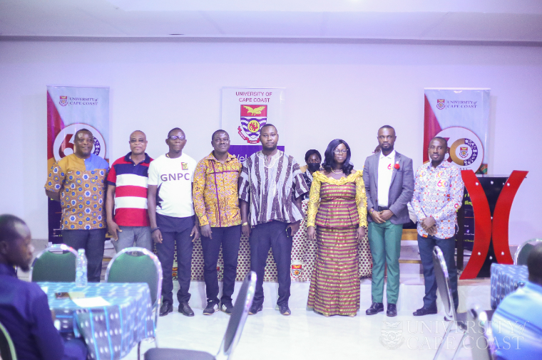 Interim UCC Alumni Executives-Oti Region in a photo with the UCC Alumni Vice President (first left); Head of IAO-UCC, Asante Forkuo (2nd from right) and the National Secretary for UCC Alumni, Robert Asare (1st from right)