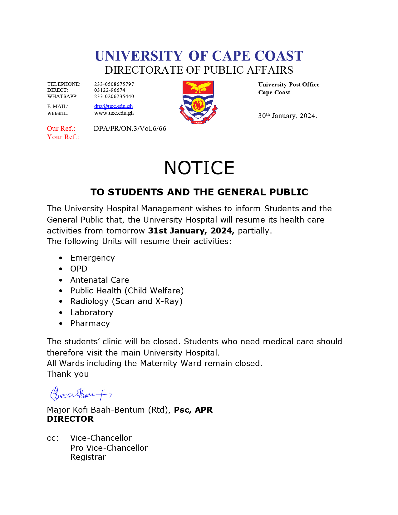 NOTICE TO STUDENTS AND THE GENERAL PUBLIC ANNOUNCEMENT